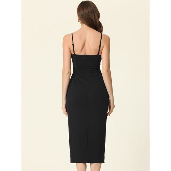 Cocktail Bodycon Dress Twist Front Spaghetti Straps Midi Dresses Black - Picture 3 of 6
